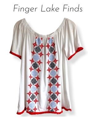 White Embroidered Peasant Top with Red Trim, L